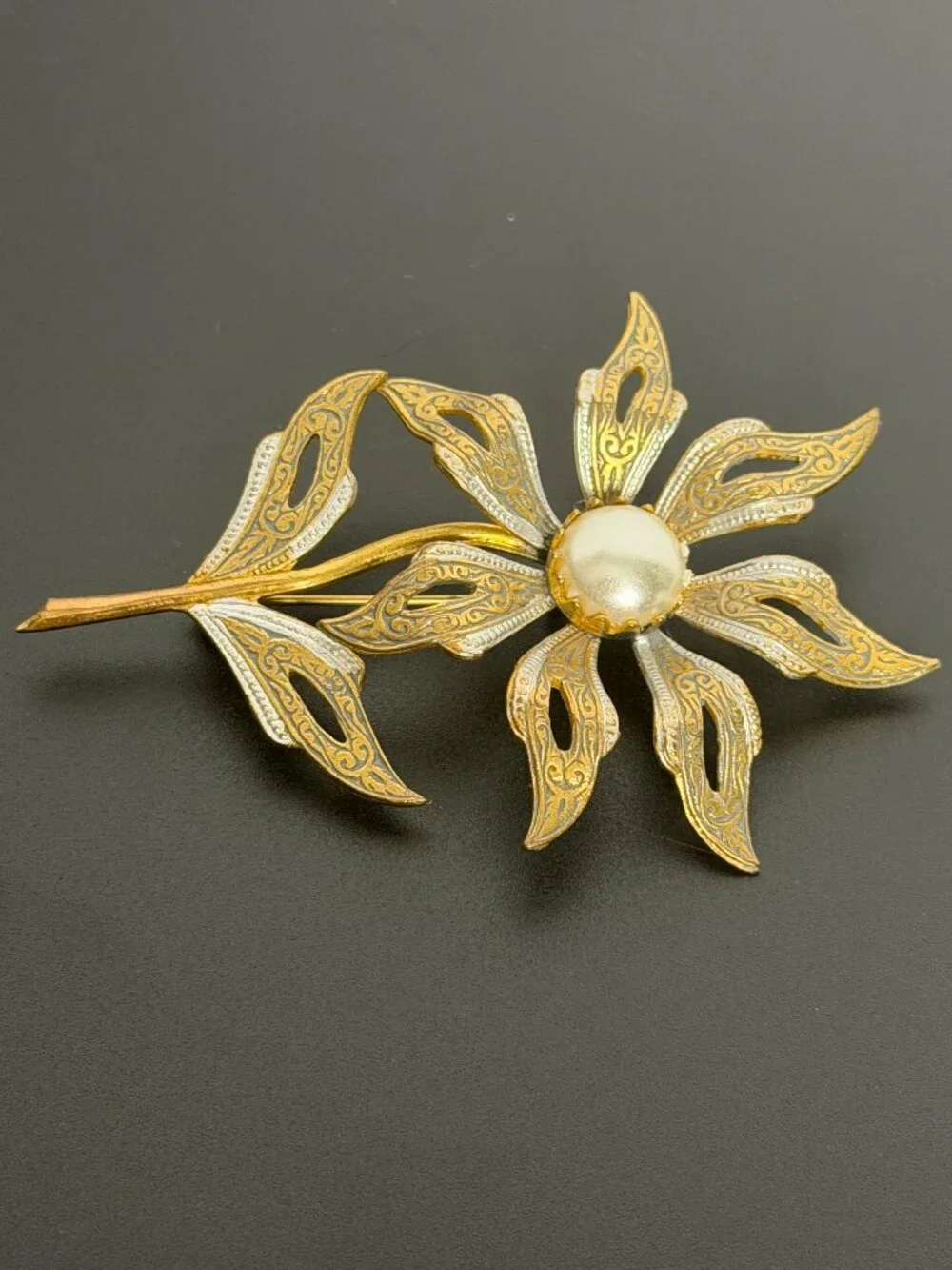 Set Of 2 Damascene Made in Spain Brooch Pins Flower Flying Fish Gold Black White